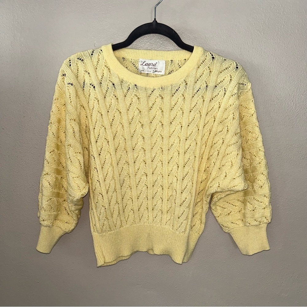 VTG  butter Yellow pointelle Cable Knit Sweater cottagecore cropped